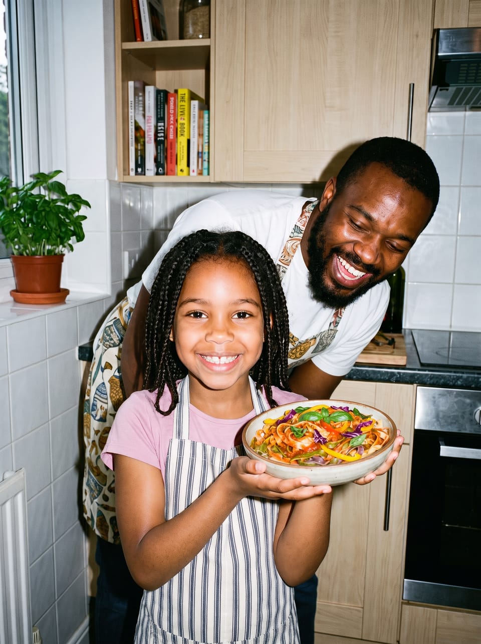 Fenna van 8 houdt trots een kom regenboogpasta vast, haar vader lacht achter haar