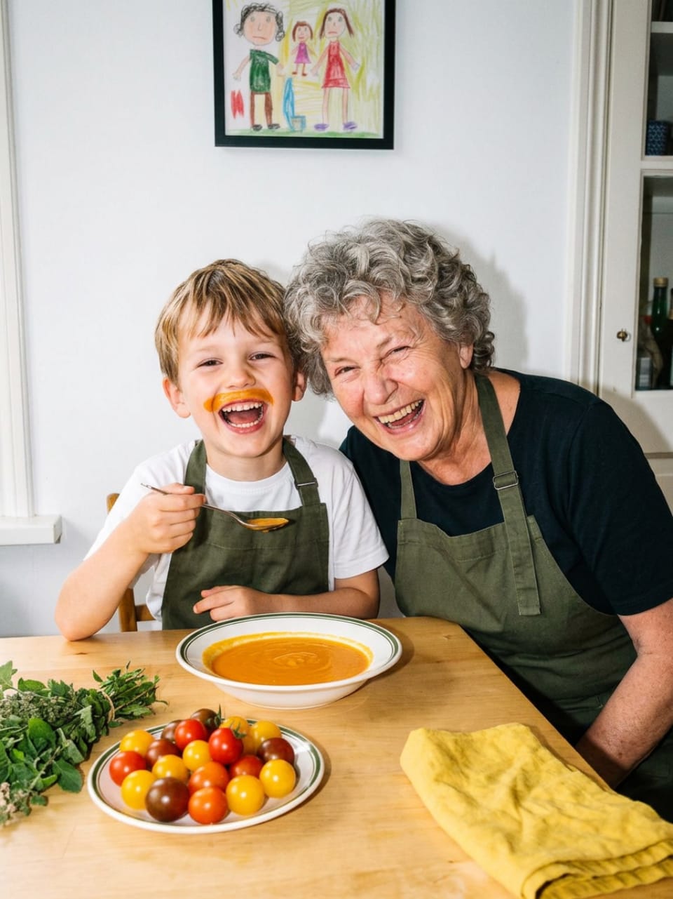 Oma en kleinzoon lachen samen aan de keukentafel, hij heeft een soepsnor