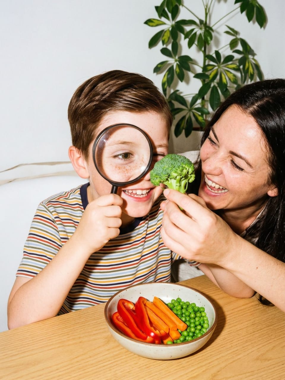 Een jongen kijkt lachend door een vergrootglas naar broccoli, zijn moeder lacht mee